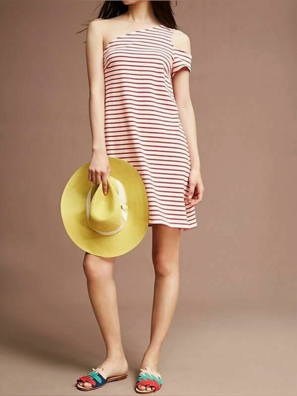 Maeve by Anthropologie Red and White Striped One-Shoulder Mini Dress - Size XS
